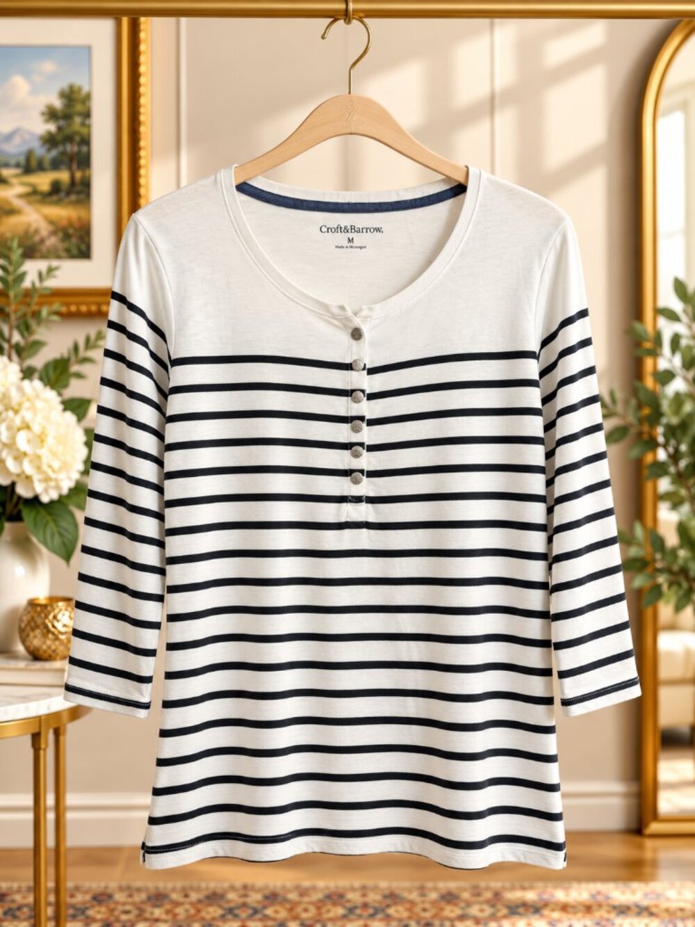 Croft & Barrow Black White Striped Henley Top 3/4 Sleeve Size M